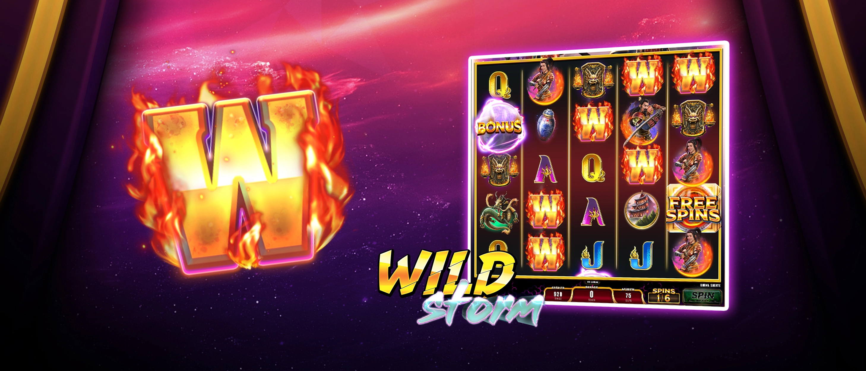 This image presents the Wild symbol of the Wu Long Empire slots game on the left and a game screen on the right with the Wild Storm game feature active and simulating a big casino win.