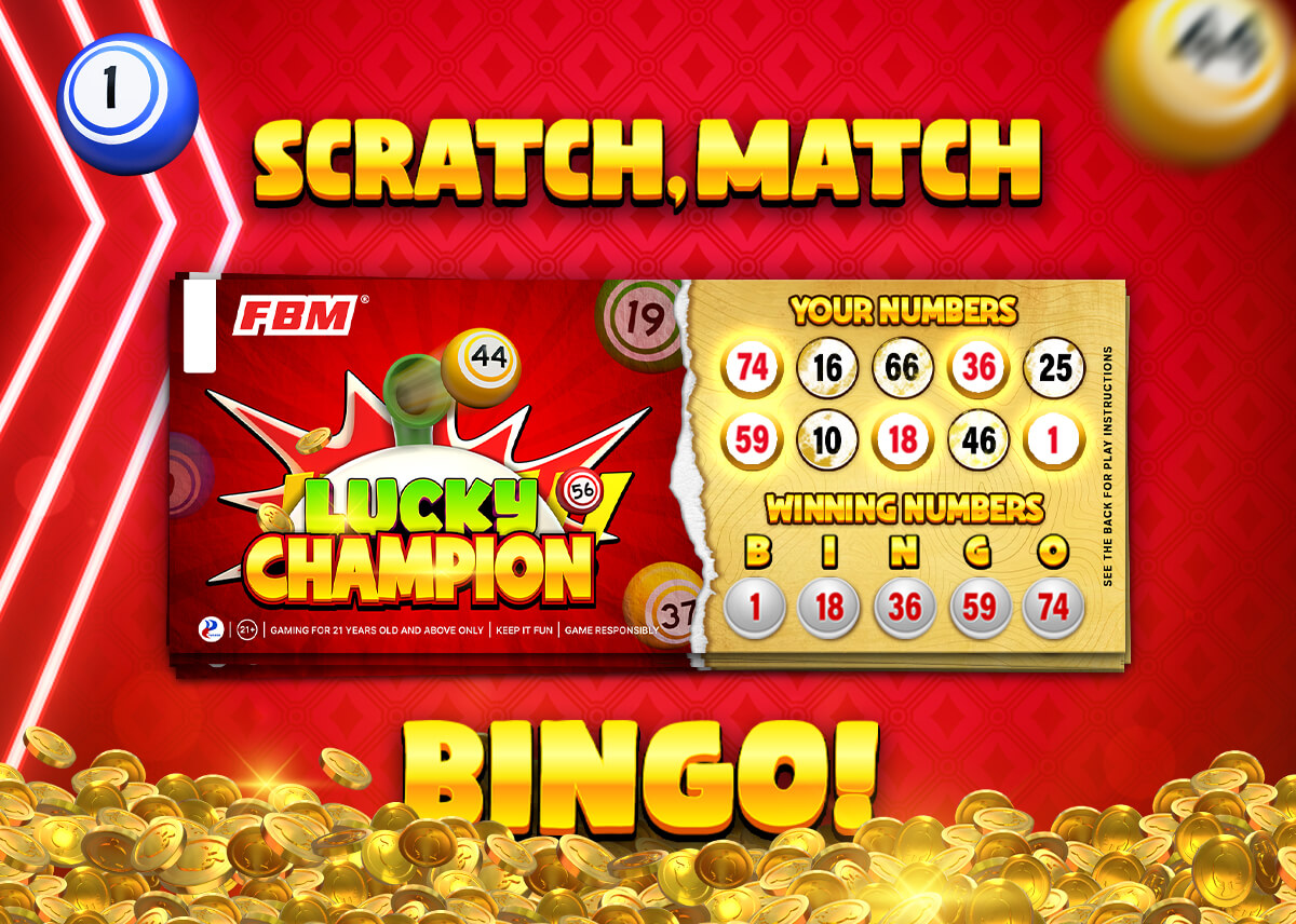 This image shows one of the FBM Lucky Champion Scratch Cards with some golden coins.
