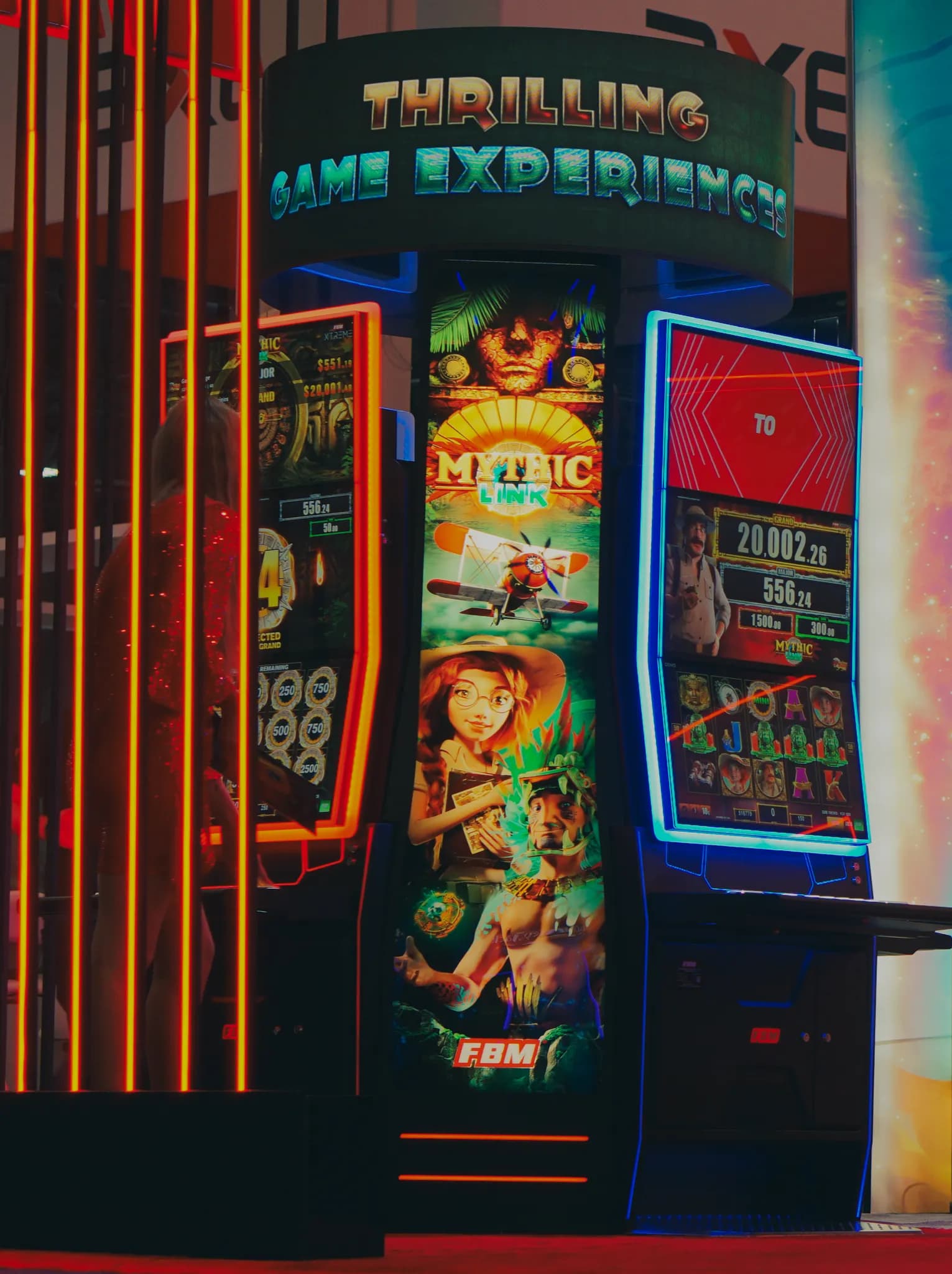 Two casino cabinets with FBM slots games showcased in an international trade show of the casino industry
