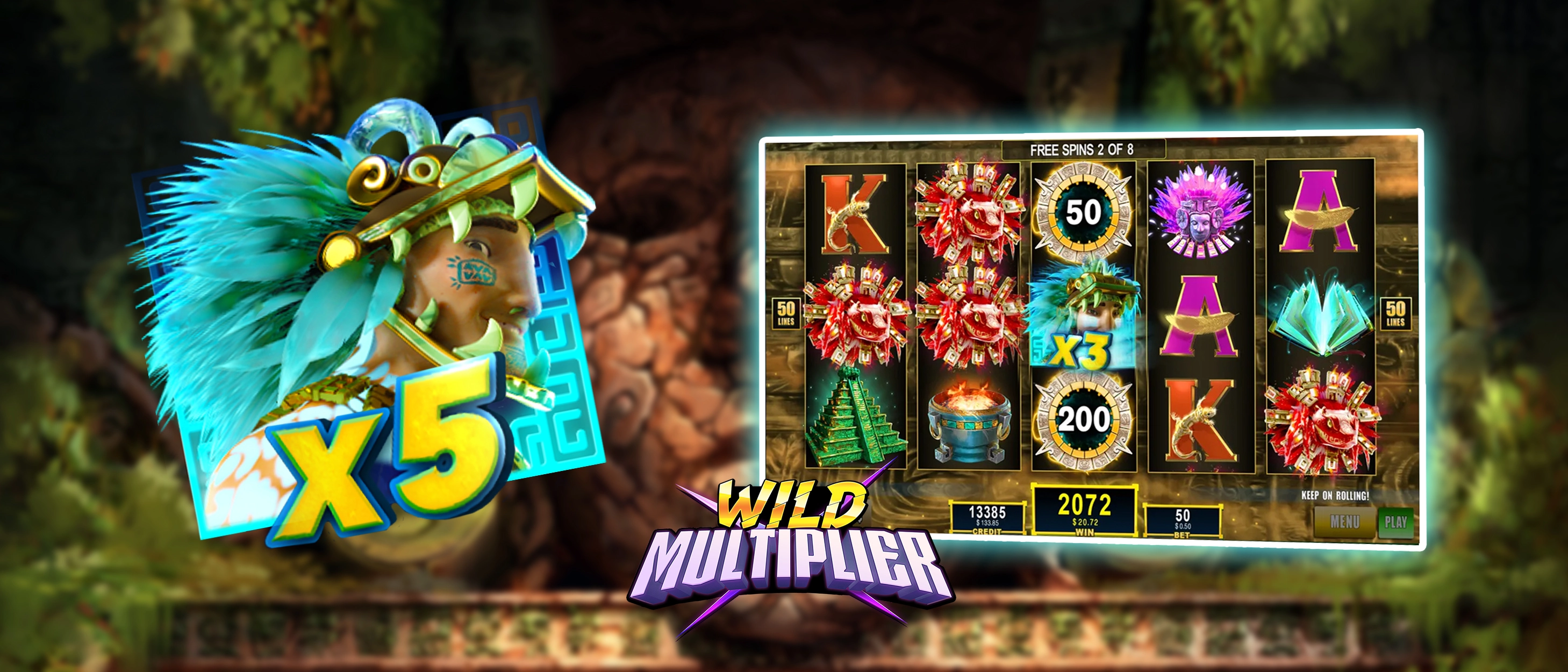 This image includes a symbol of the Wild Multiplier game feature and one example of a game screen with this casino slots feature applied in the Eternal Kingdom slots game.