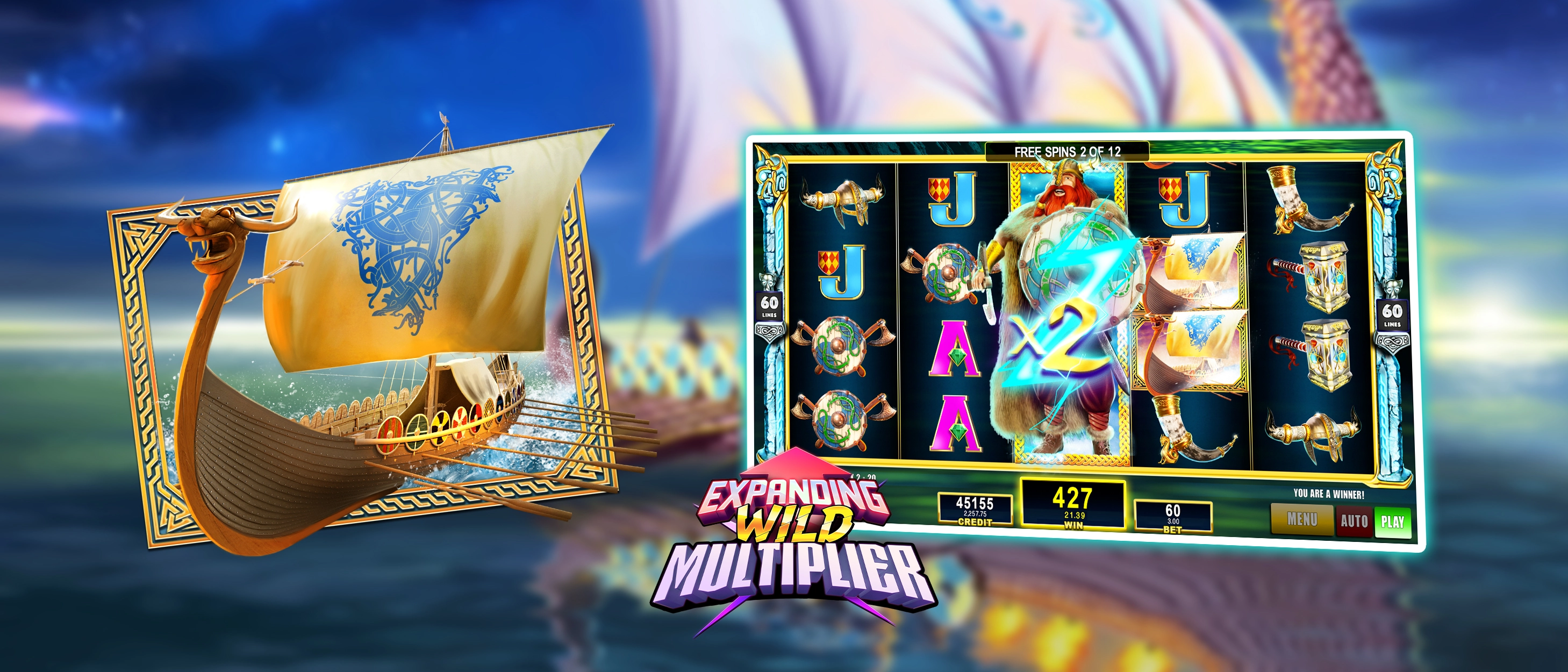 The image includes a symbol of the Viking Journey slots and a game screen with the Expanding Wild Multiplier game feature active.