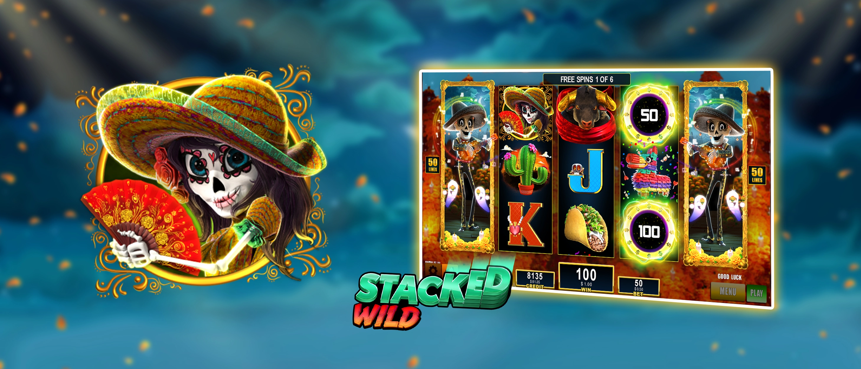 The image includes a game symbol of the slots title Viva Mexico and a game screen of the game with the Stacked Wild game feature active.