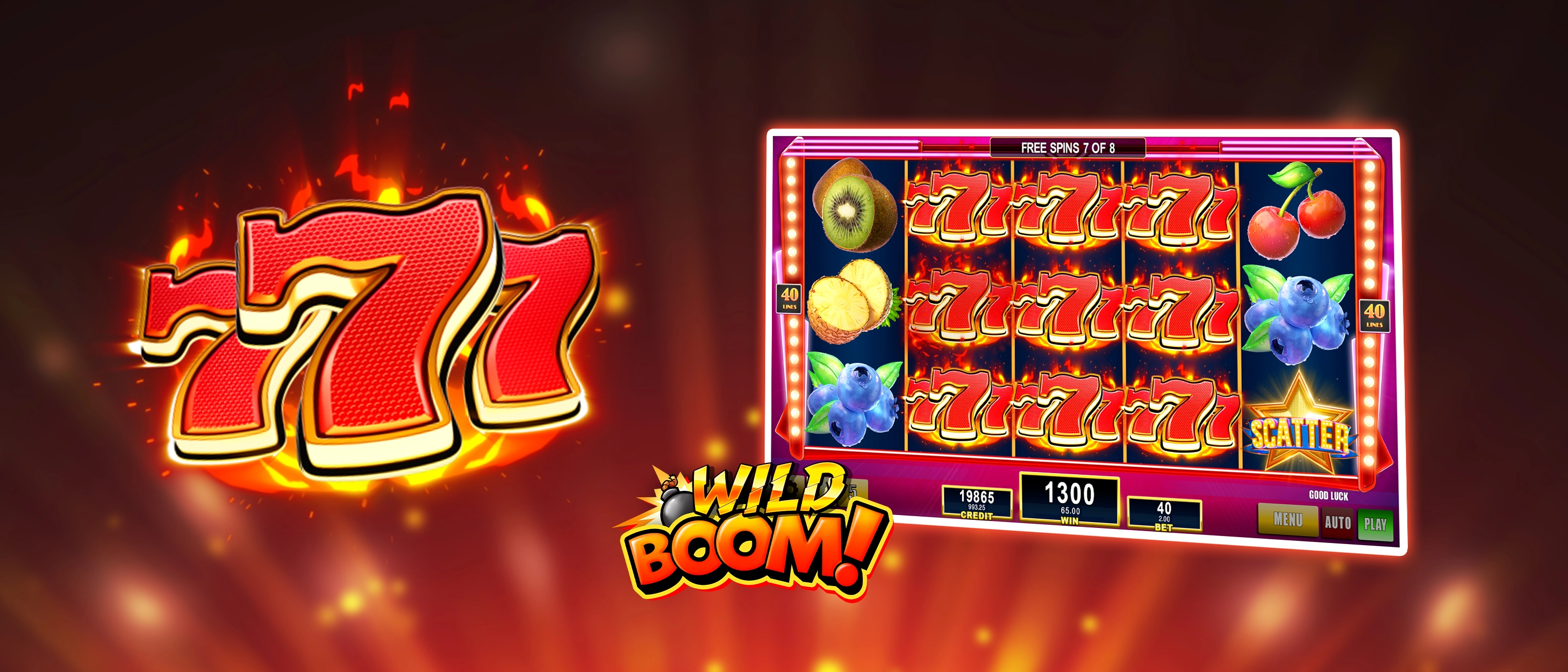 This image contains the wild symbol of the Wild Boom! game feature and the game screen of the Fight the Fire game with the Wild Boom! game feature active simulating a big casino win.