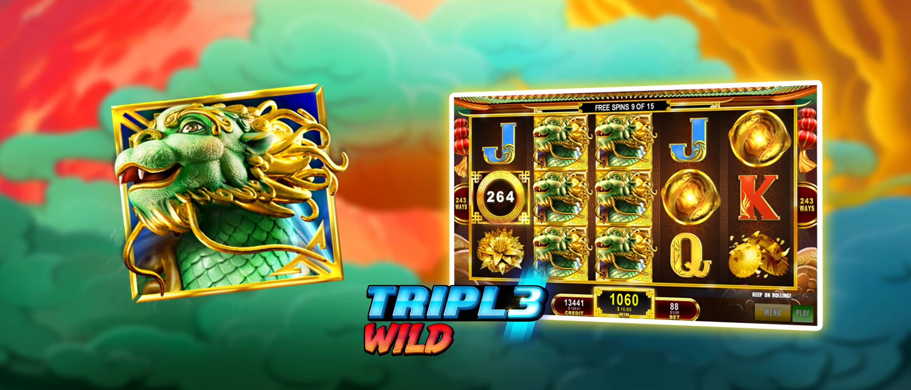 This image has the turtle symbol of the Lucky Gui slots game and a game screen of this slots title with the Triple Wild game feature active simulating a big casino win.