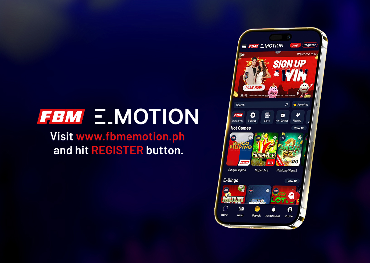 Esta imagen muestra un teléfono móvil que muestra la plataforma FBM E-Motion, incluye el logotipo de la plataforma y un llamado para registrarse en el sitio web.