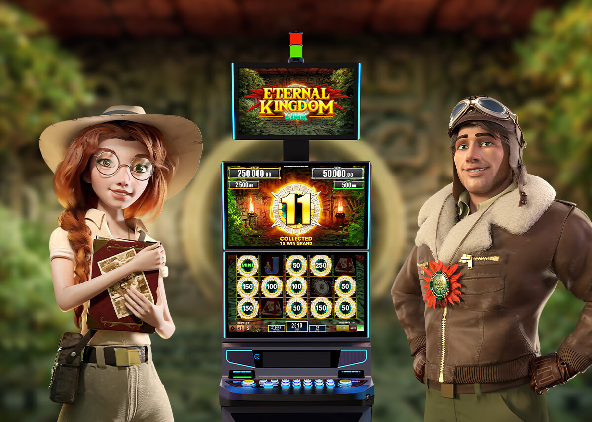 This image shows two game characters from the Eternal Kingdom pack on the side of a casino cabinet running the Eternal Kingdom Link common bonus that ensures a high player engagement among the slots fans.