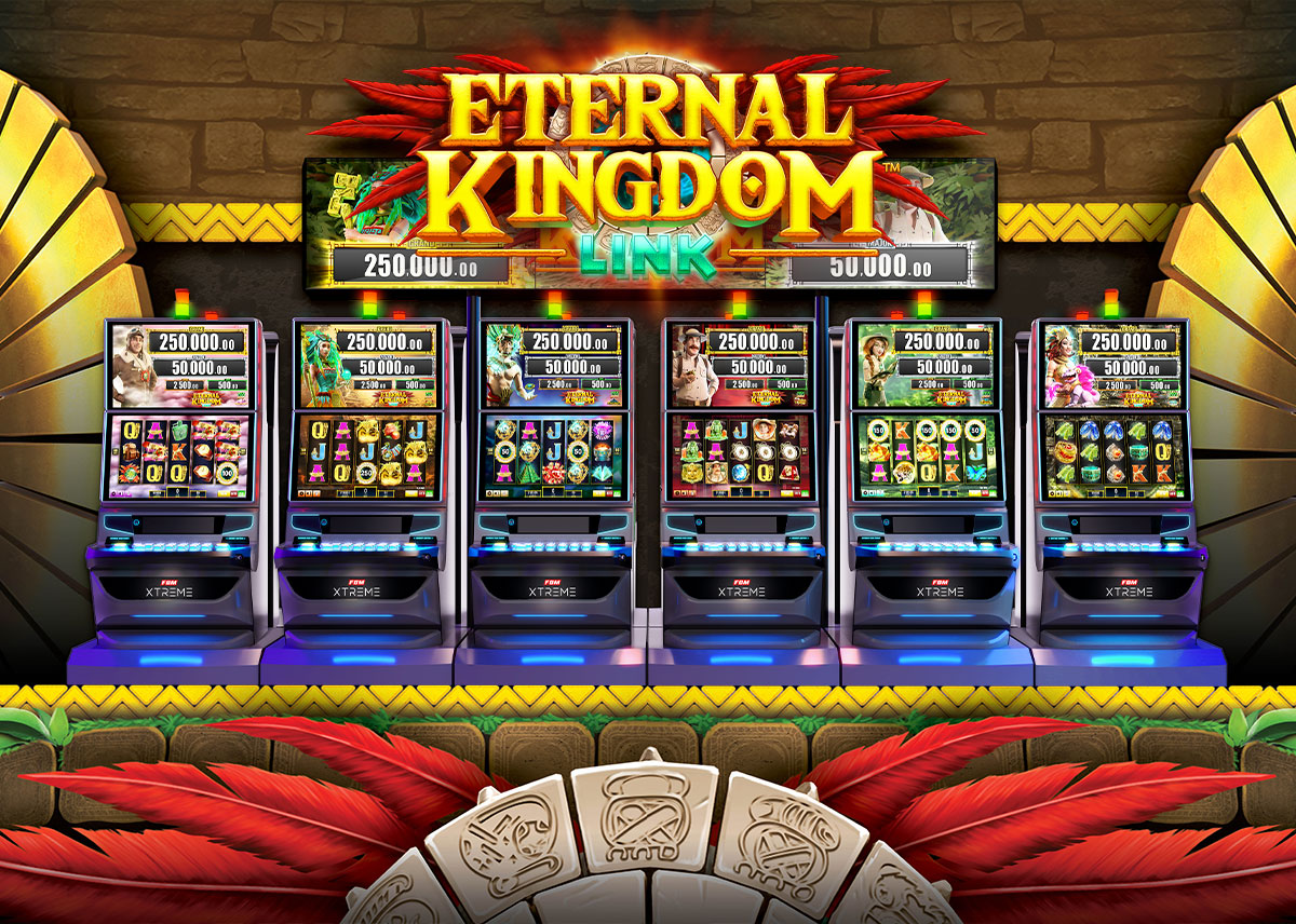 This image shows six FBM casino cabinets running the six slots games of the Eternal Kingdom Link collection.