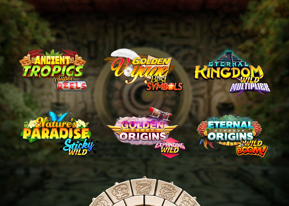 Esta imagen muestra los logotipos de los seis temas de juegos de video rodillos que componen Eternal Kingdom Link, con un logotipo más pequeño al lado de ellos con su característica de juego.
