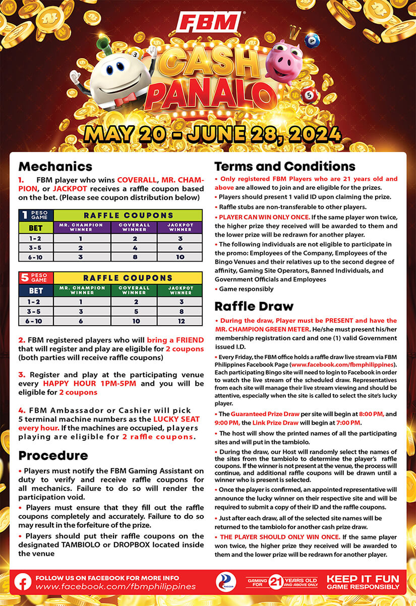This image shows the mechanics and rules of the FBM Cash Panalo promotion in the Philippines.