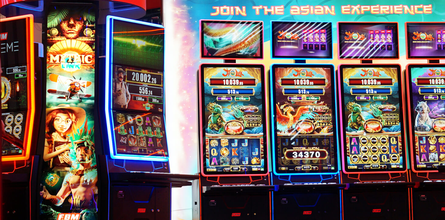 This image shows different configurations of FBM's Auria Casino Cabinet being exhibited at ICE London 2024.