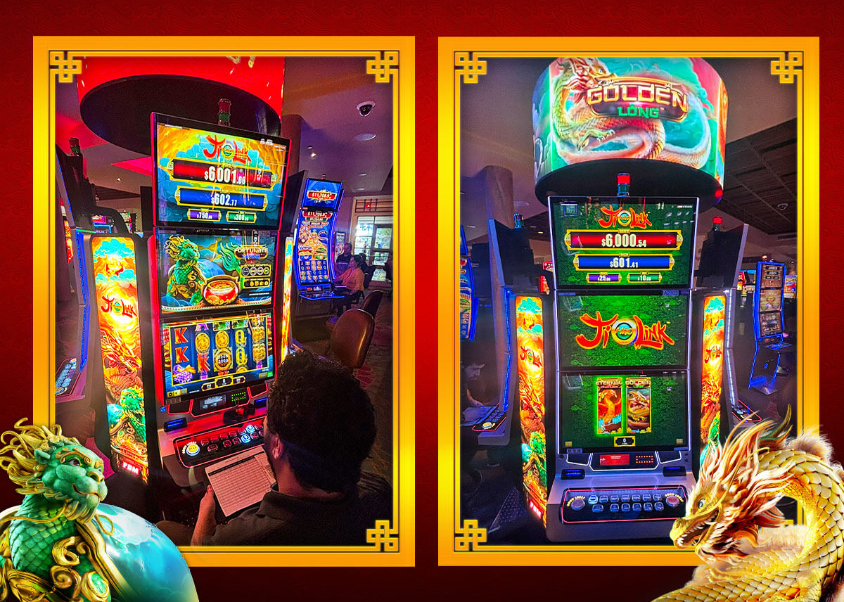 The image shows the FBM slots games Ji Hao Link in operation at the Hialeah Park Casino with players enjoyng them.