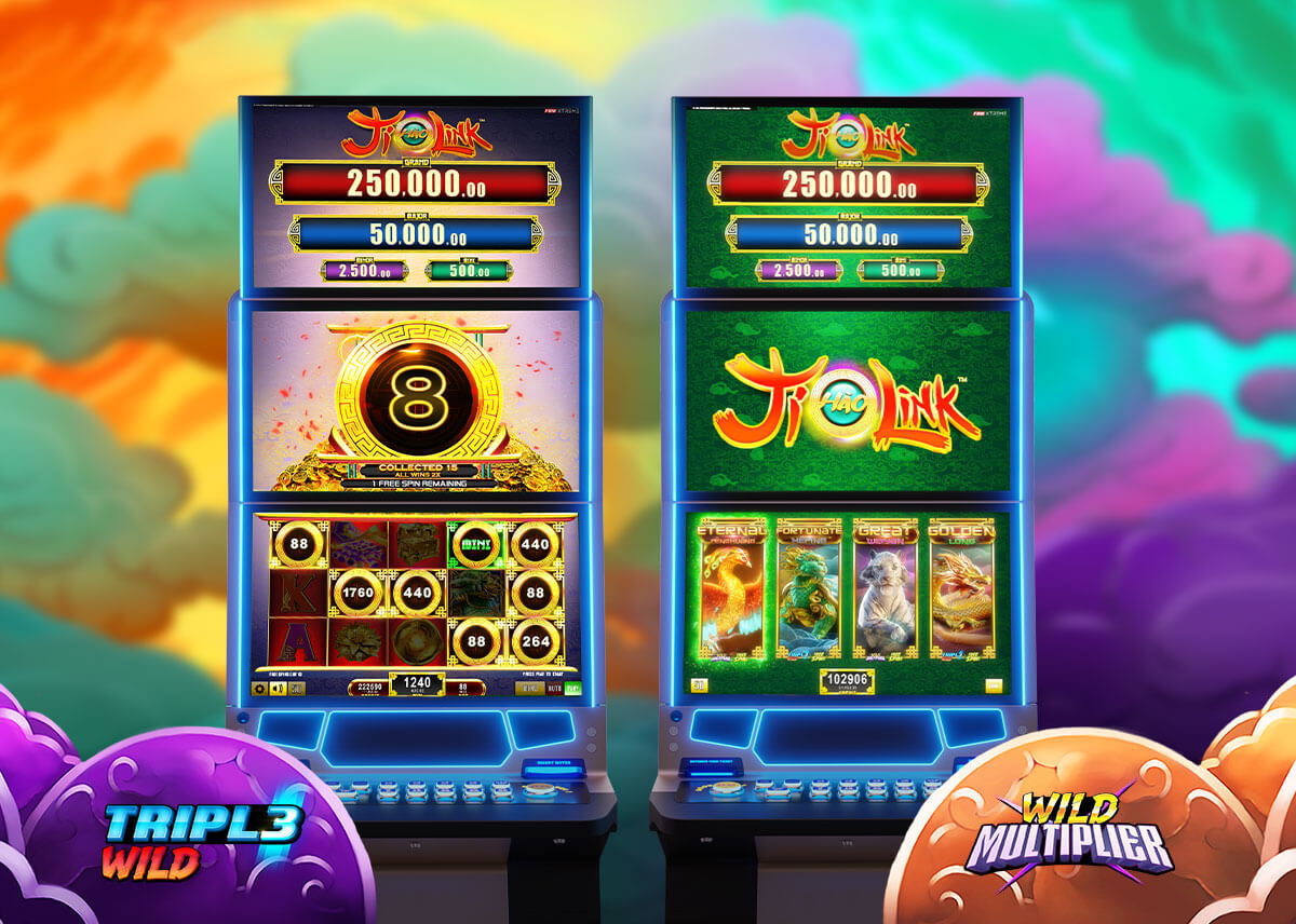 The image shows two Galaxy II cabinets running Ji Hao Link - FBM's newest slots games available in the US.