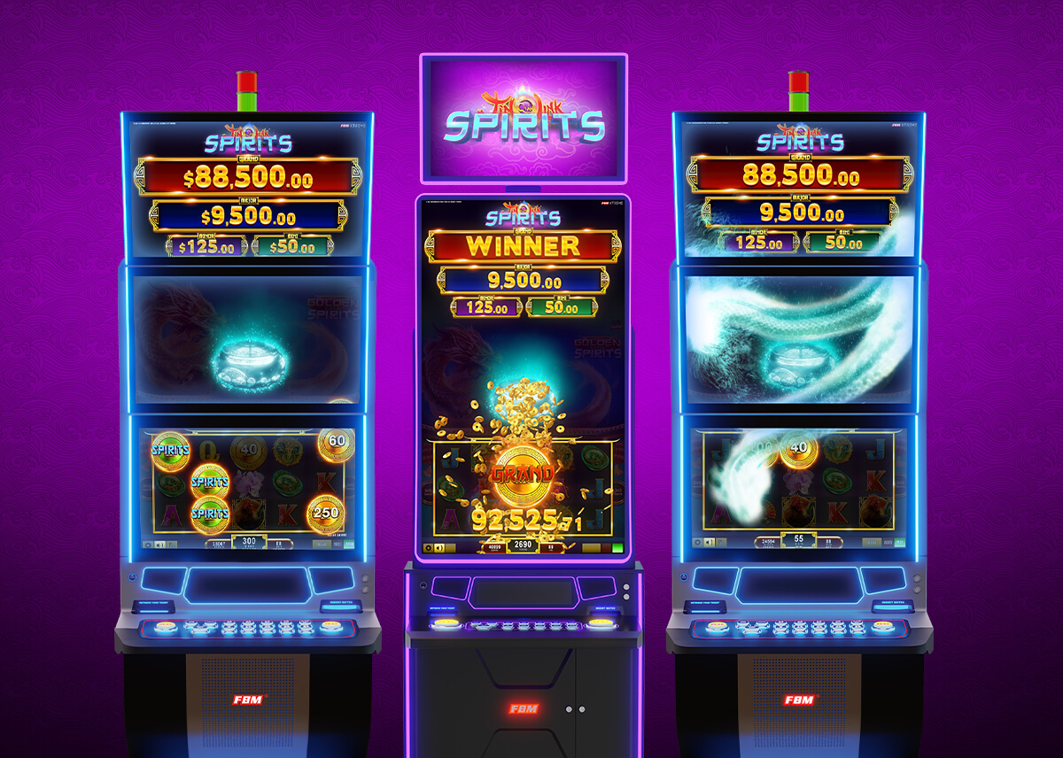 This image shows the Jin Qián Link Spirits™ with the Spirits slots feature active in three Auria casino cabinets.