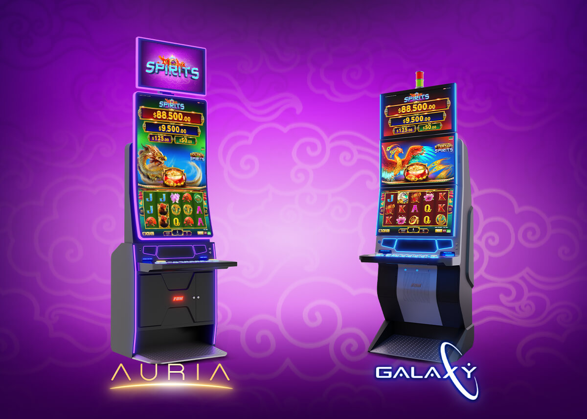 This image shows FBM's Auria and Galaxy II casino cabinets running the Jin Qián Link Spirits™ to demonstrate the compatibility of the product with the two models.