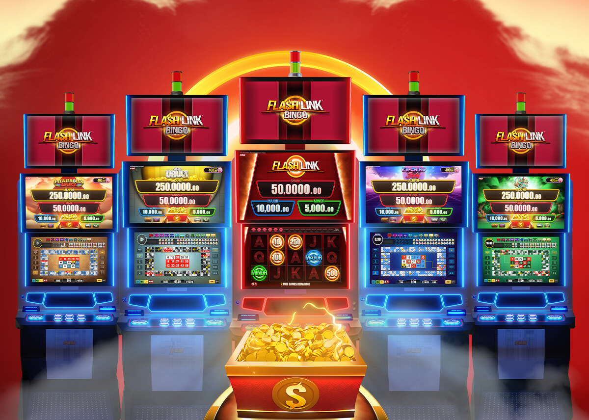 This image shows five Galaxy II casino cabinets of FBM running the different games of the Flash Link bingo product line.