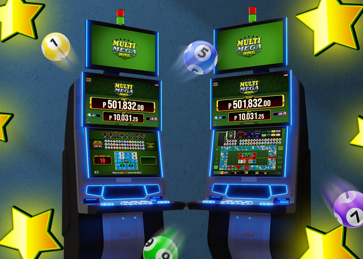 Two FBM casino cabinets exhibiting the Multi Mega™ Bonus gameplays.