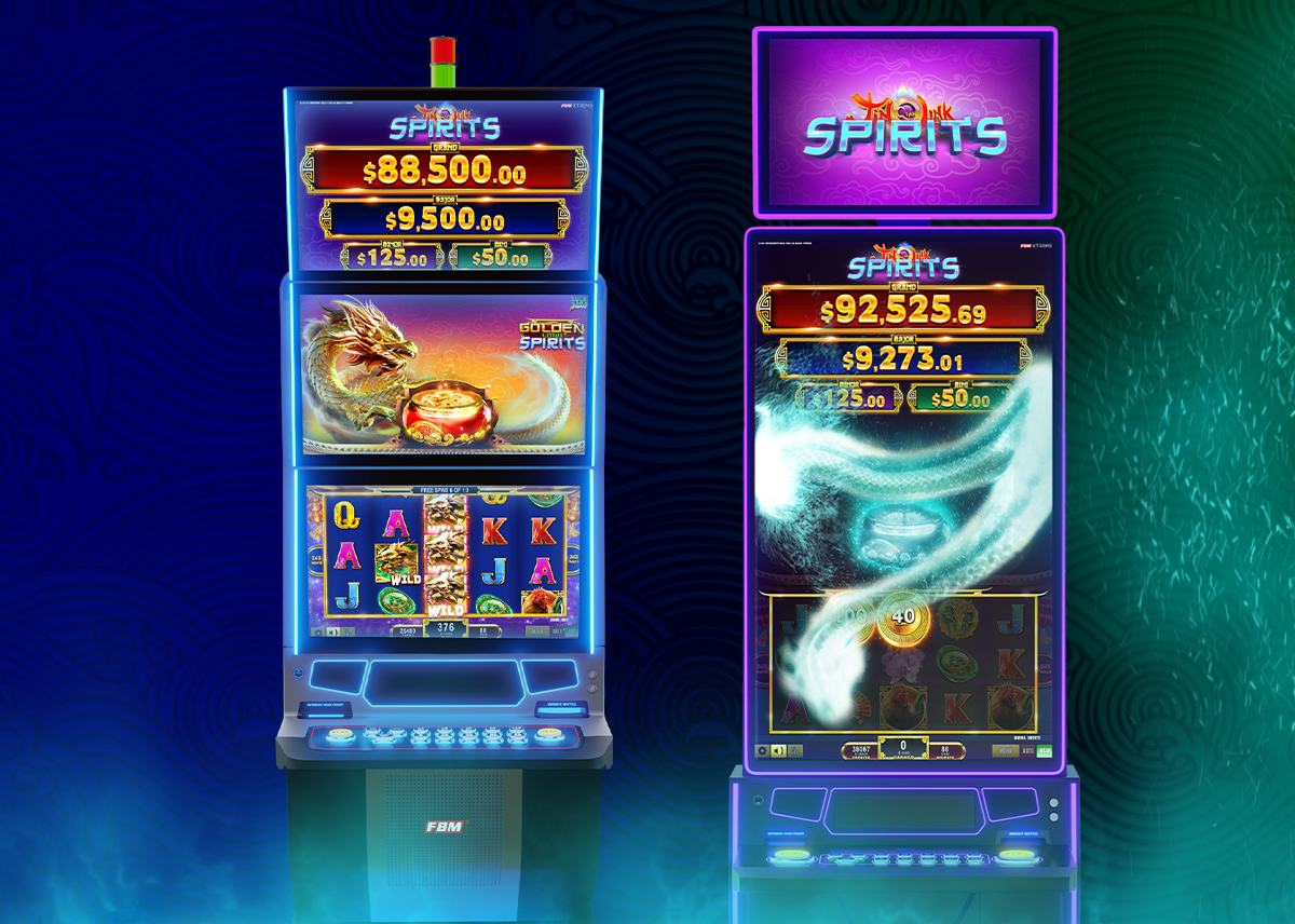 The image shows two FBM casino cabinets running the Golden Lóng Spirits game. On the left, we see the main game. On the right, we see the Spirits feature active.