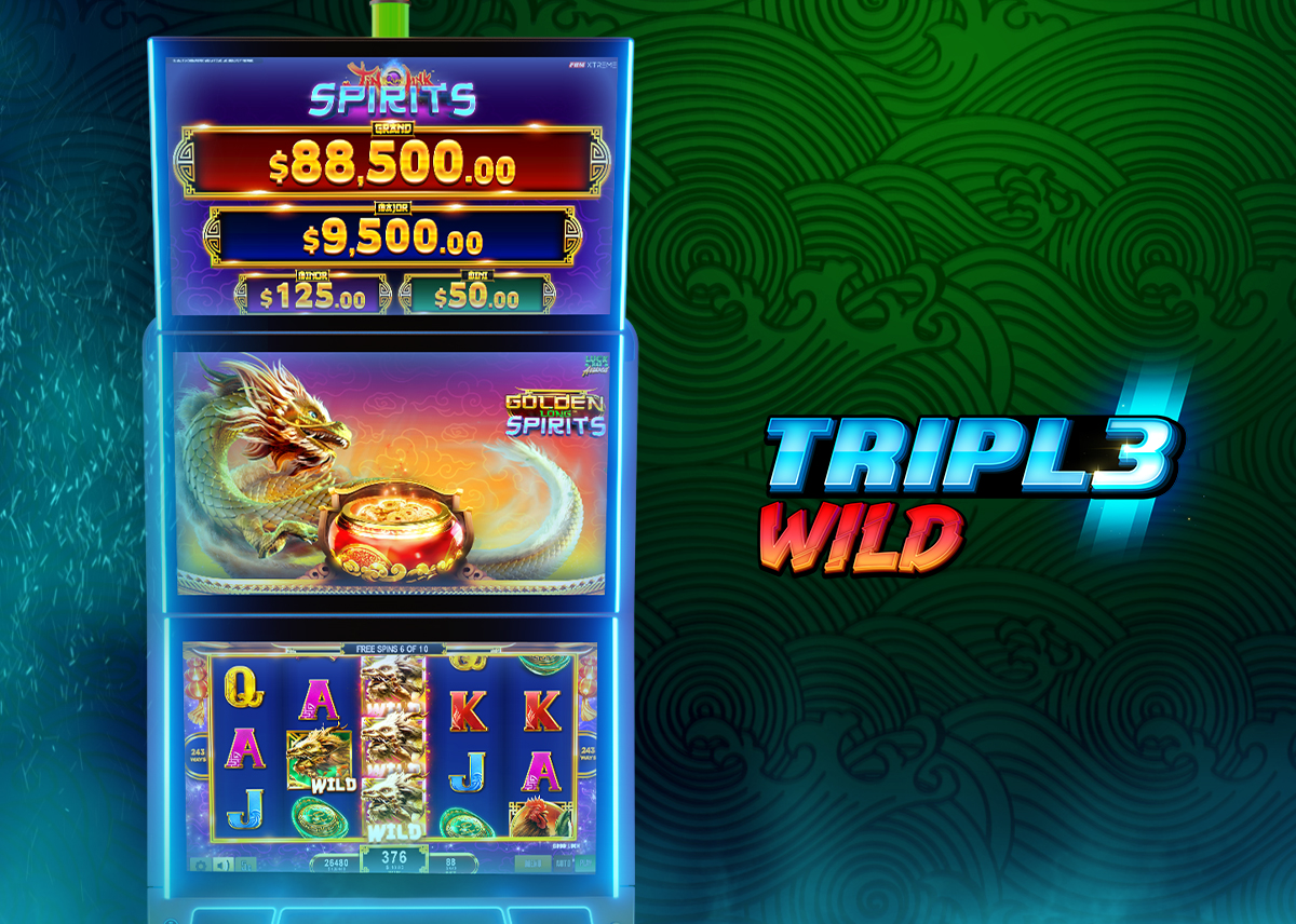 The image shows an FBM casino cabinet with the Triple Wild game feature active and then the logo of this feature right next to the machine. 