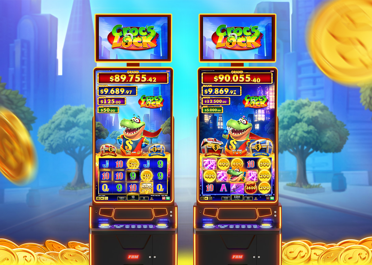 The image shows two casino cabinets running Croc's Lock, the latest slots game created by FBM. 