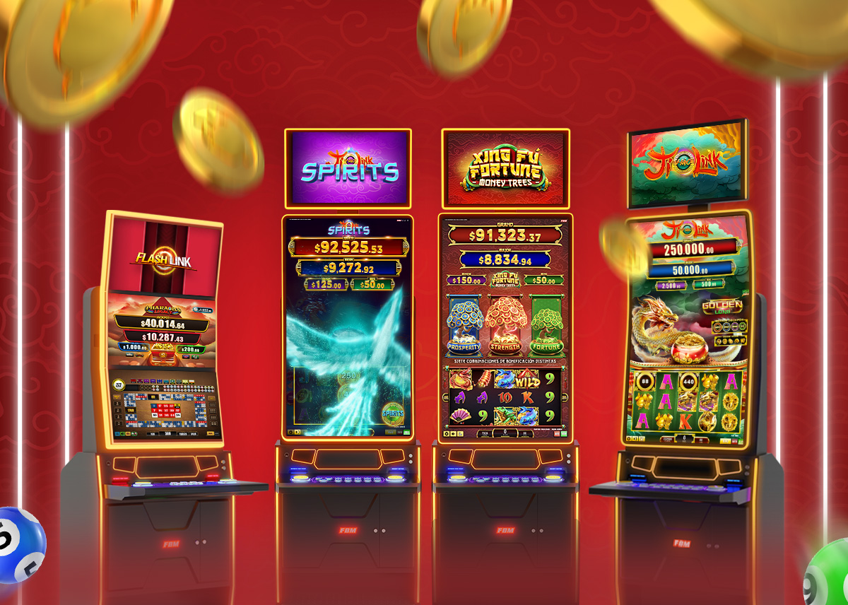 The image shows four Auria casino cabinet developed by FBM with gameplays from different slots and video bingos created by the brand.