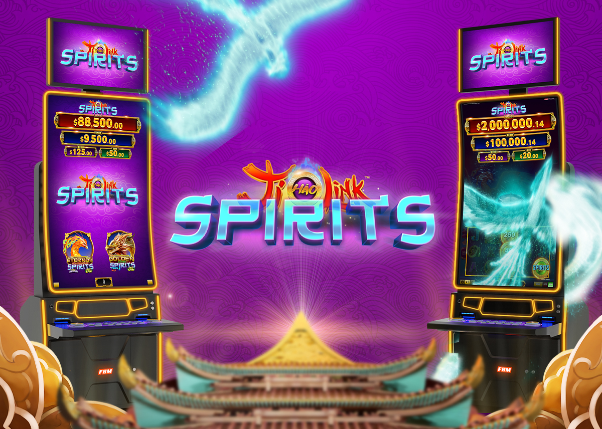 This image shows two FBM Auria casino cabinets with the Jí Hǎo Link™ Spirits games running. 