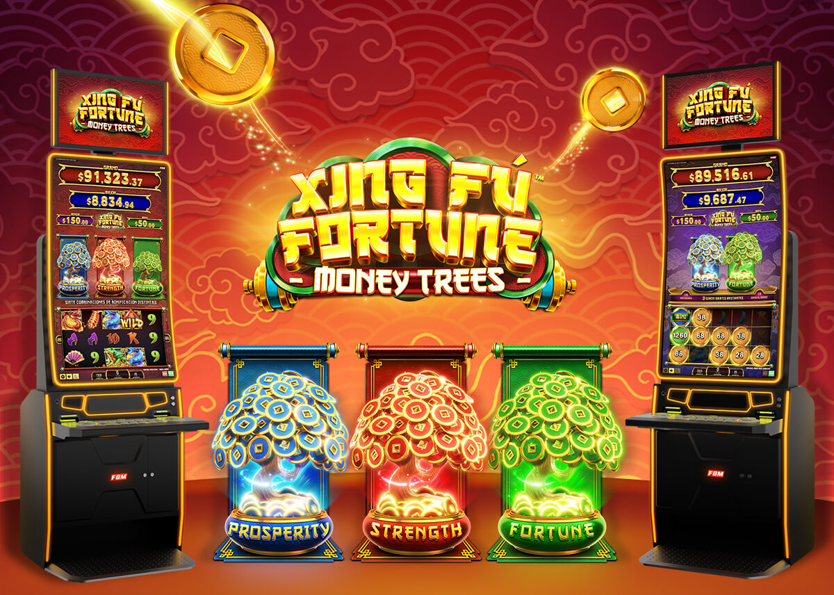 The image shows two FBM casino cabinets with Xing Fú Fortune Money Trees gameplays running and the three money trees of this slot game in the center.