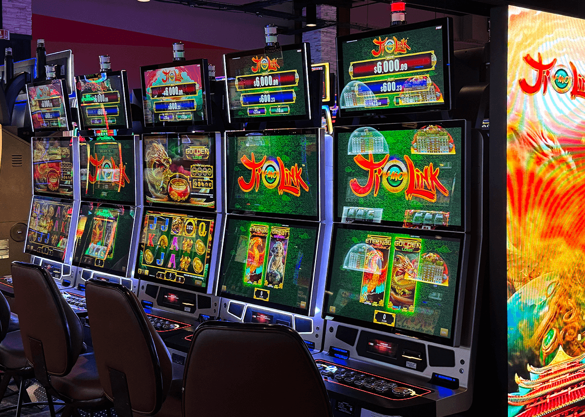 This image shows several FBM Galaxy II casino cabinets running the Ji Hao Link slot games.