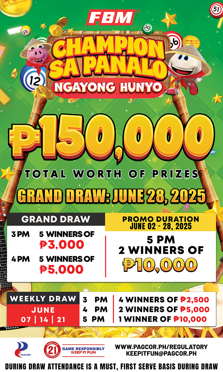 This image shows the logo FBM Champion sa Panalo Ngayong Hunyo promotion and the prizes it is awarding.