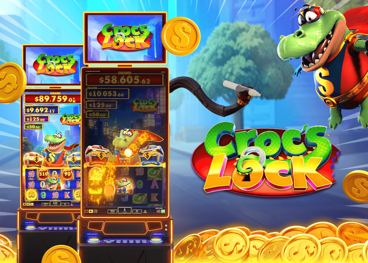 This image shows two casino cabinets exhibiting the Croc's Lock slot main game and bonus gameplay with the Extra Spins and Extra Coins accumulators open.