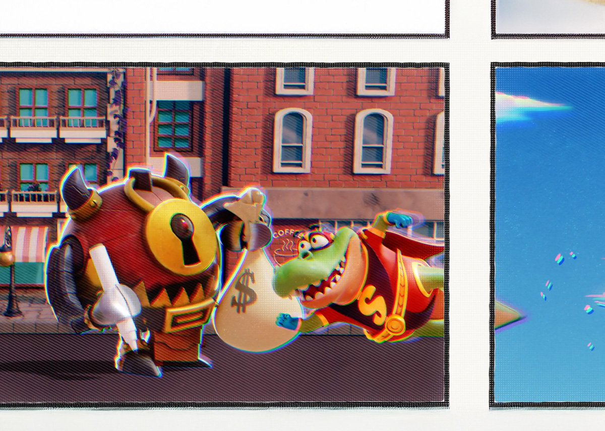 This image shows the Croc's Lock slot main characters: the villain Lock and the saviour Super Croc.
