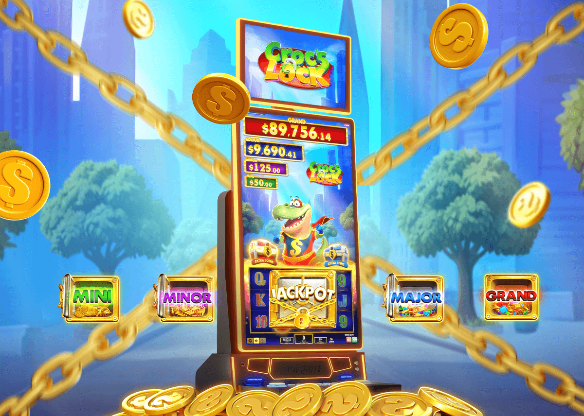 Esta imagen muestra un gabinete de casino FBM con el juego Croc's Lock y la bóveda de jackpot en el centro.