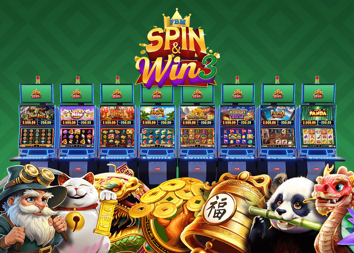 This image shows several FBM casino cabinets in a sequence displaying the main game gameplay of all titles available in the FBM Spin & Win game series.