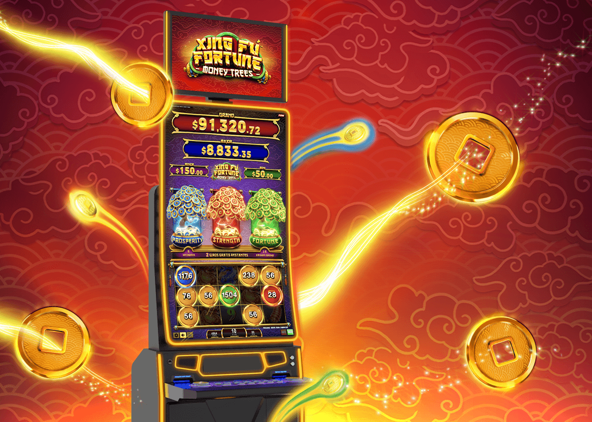 This image shows an FBM casino cabinet running the Xing Fú Fortune Money Trees bonus game mode with the Prosperity, Strength and Fortune accumulators active.