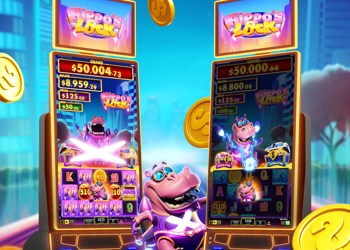 Esta imagen muestra dos gabinetes de casino FBM con el bono de la video rodillos Hippo's Lock.