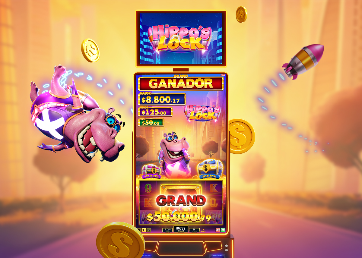 Esta imagen muestra un gabinete de casino Auria de FBM con una jugabilidad que exhibe la conquista de un Grand Jackpot.