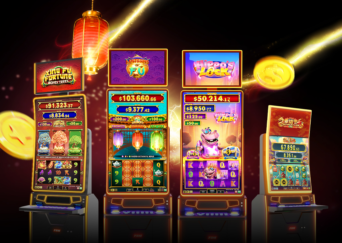 This image shows four FBM casino cabinets with slot products running to symbolize the slot games debut at G2E Las Vegas.