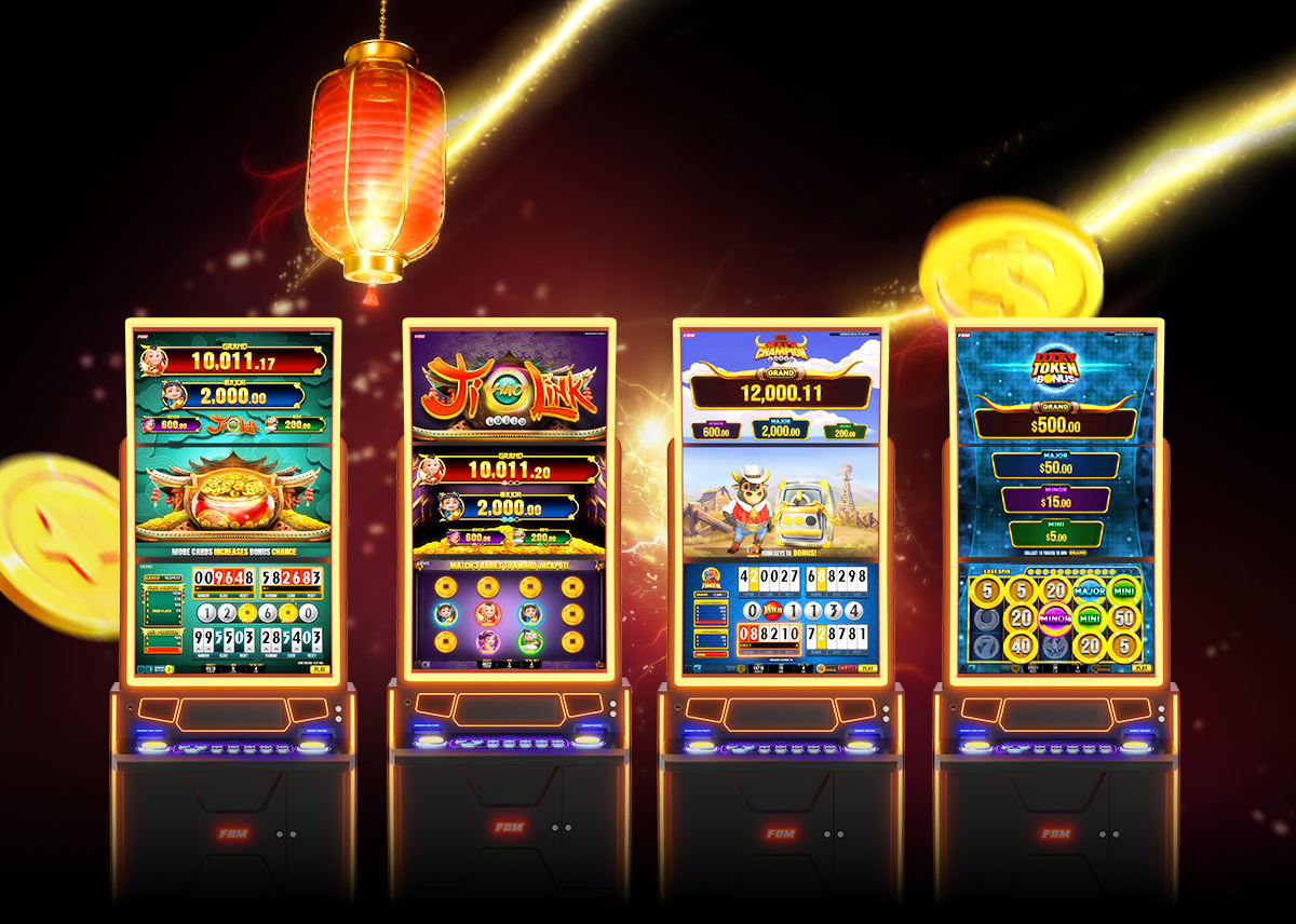 This image showcases four FBM Auria casino cabinets showcasing the brand's two new lotto games - Bull's Champion Lotto and Ji Hao Link Lotto.