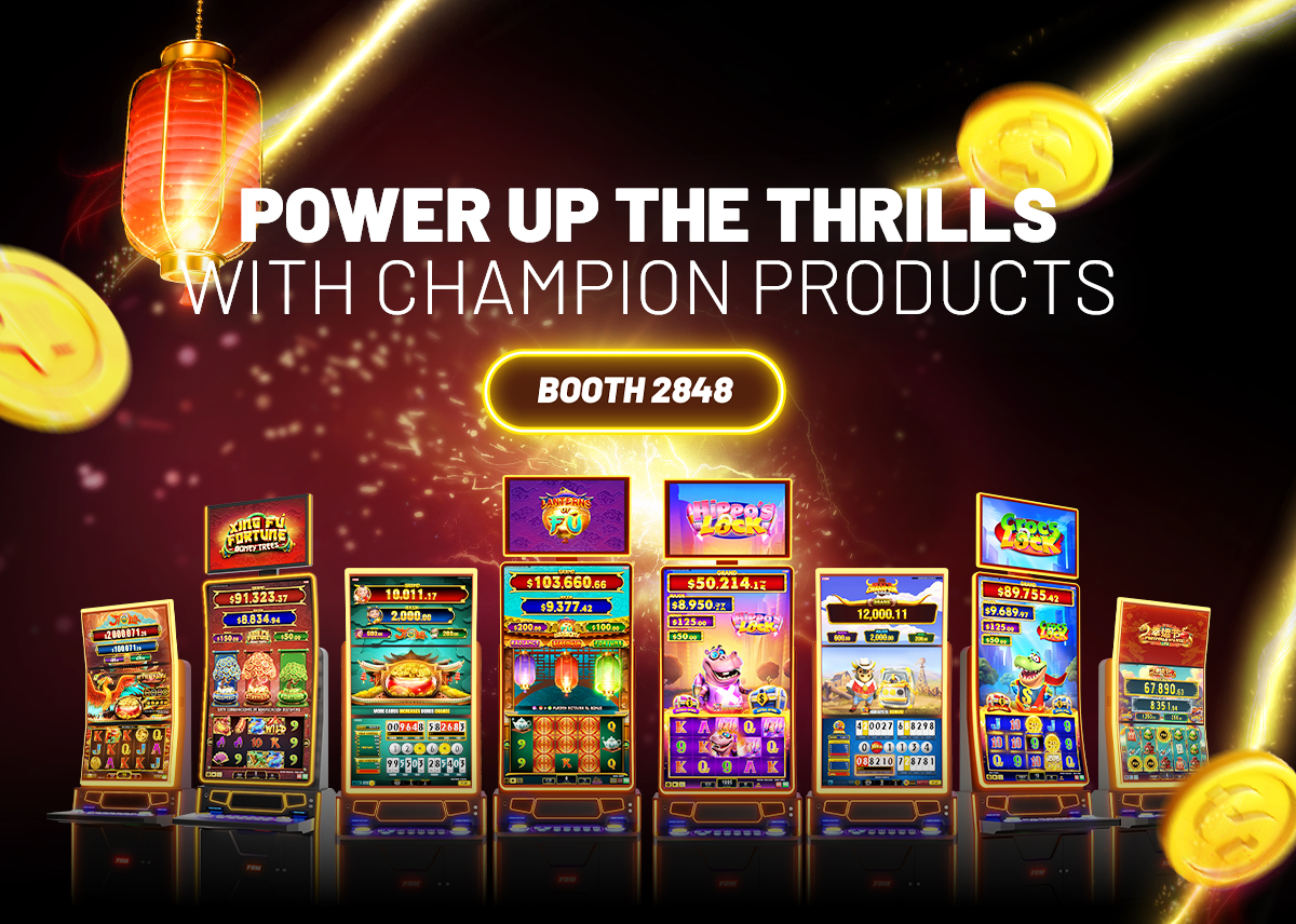 The image shows eight different Auria casino cabinets with all games FBM is showcasing at this edition of G2E Las Vegas.