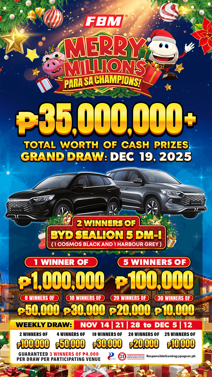This image shows the poster of the FBM Merry Millions para Sa Champions promotion that FBM is running in the Philippines during November and December