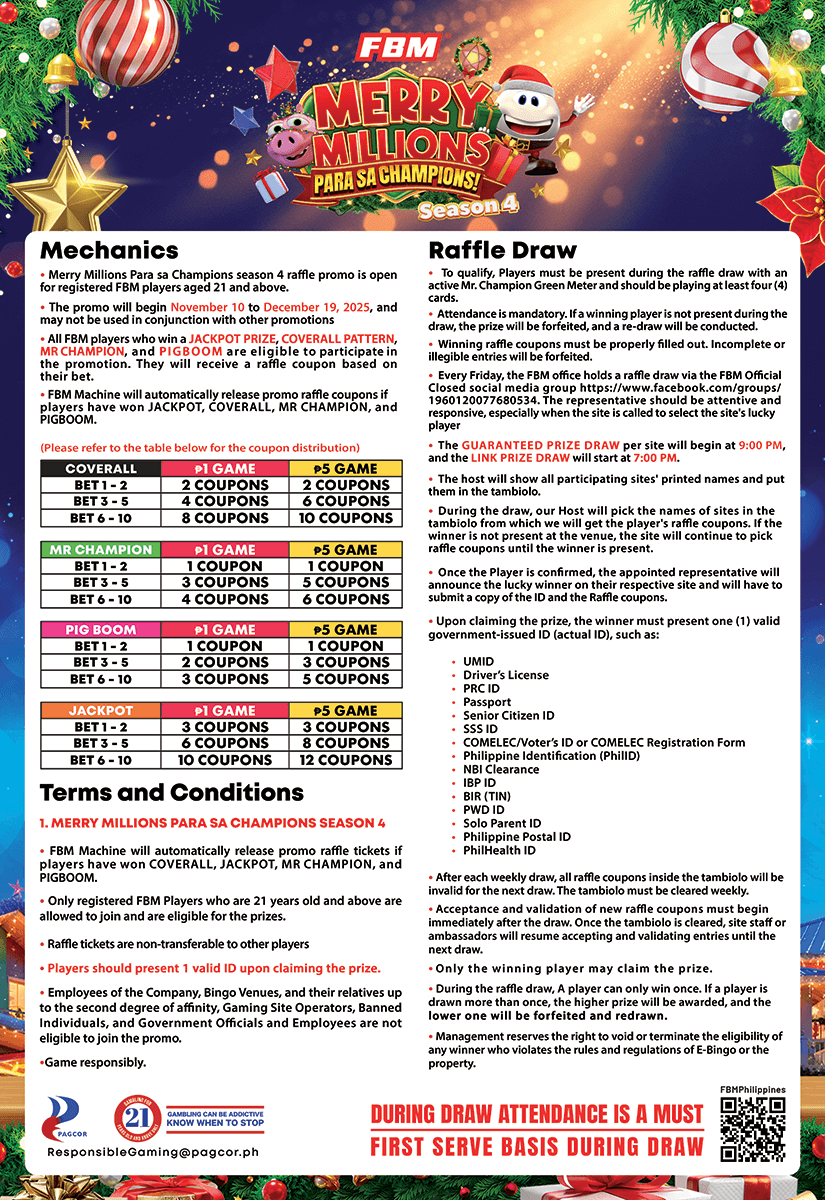 This image shows the mechanics of the FBM Merry Millions Para Sa Champions promotion that FBM is running in the Philippines during November and December.
