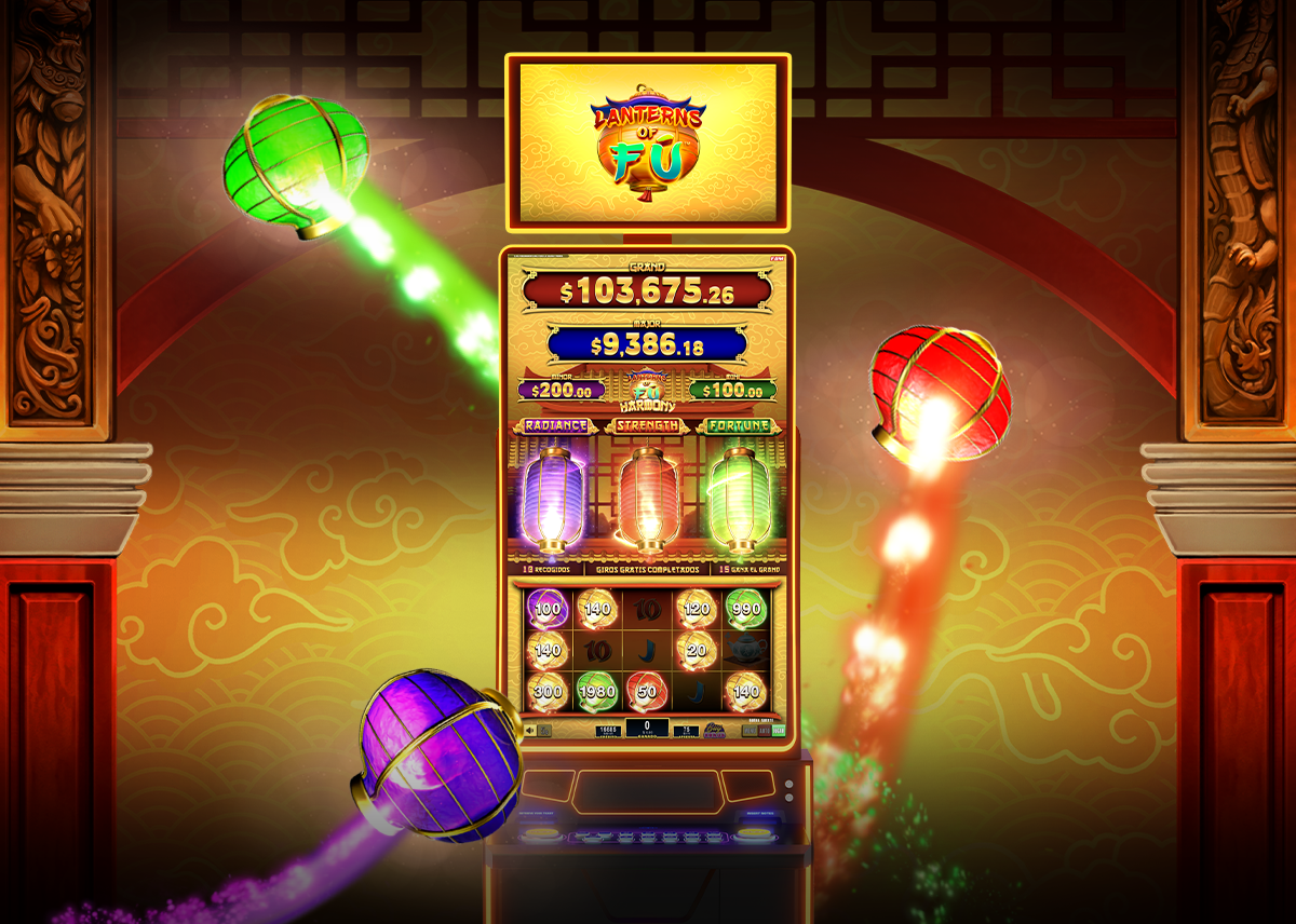 Juego de slots Lanterns of Fú™ de FBM con funciones de linterna púrpura, roja y verde en acción.