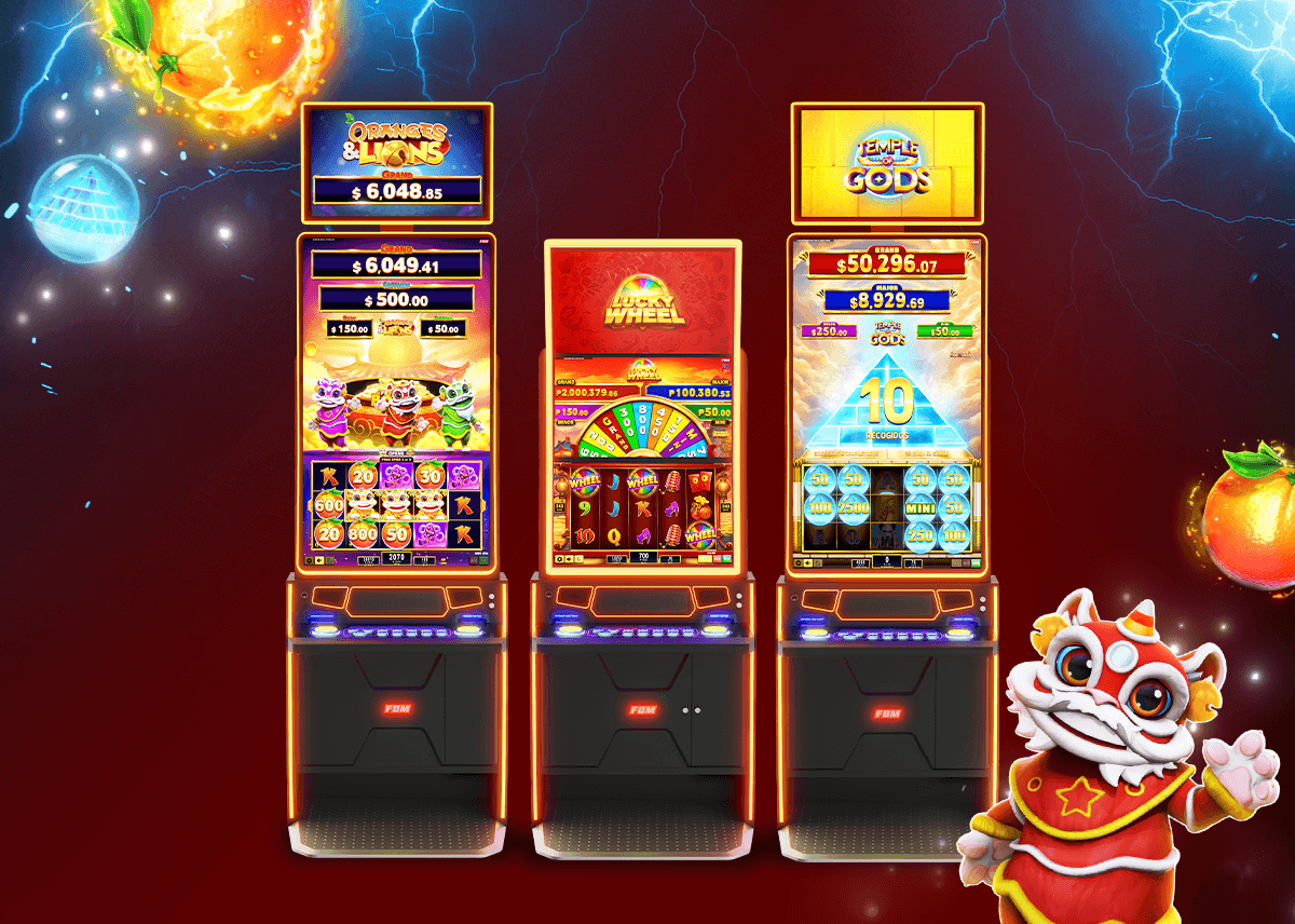 Three FBM casino cabinets showcasing the slot games debuting at ICE Barcelona: Oranges & Lions, Lucky Wheel and Temple of Gods