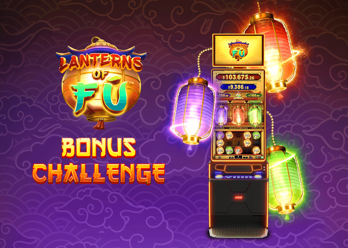 FBM Lanterns of Fú slots product logo and casino cabinet with gameplay.