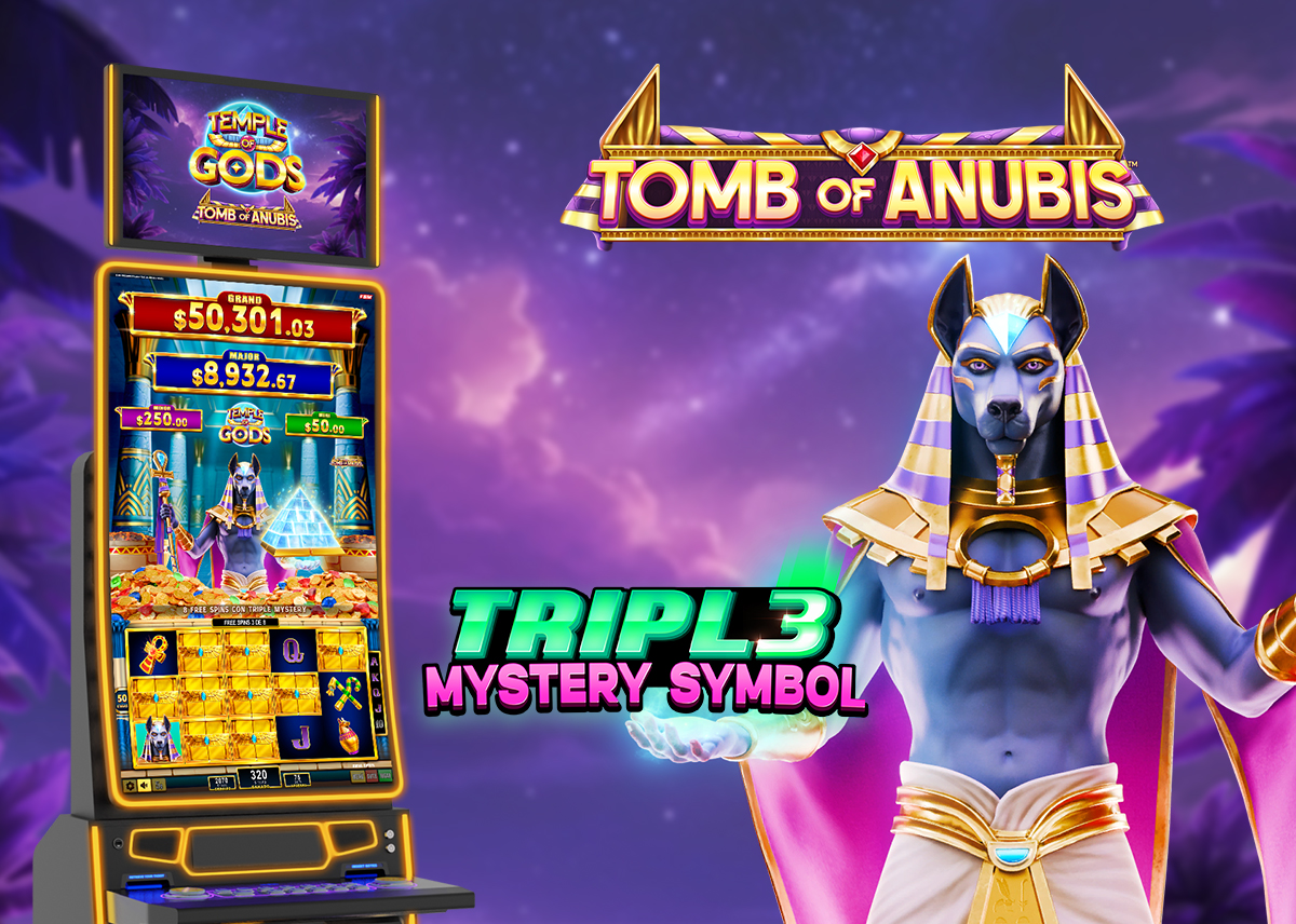 Tragamonedas Tomb of Anubis de FBM destacando el efecto Triple Mystery Symbol durante los Free Spins.”