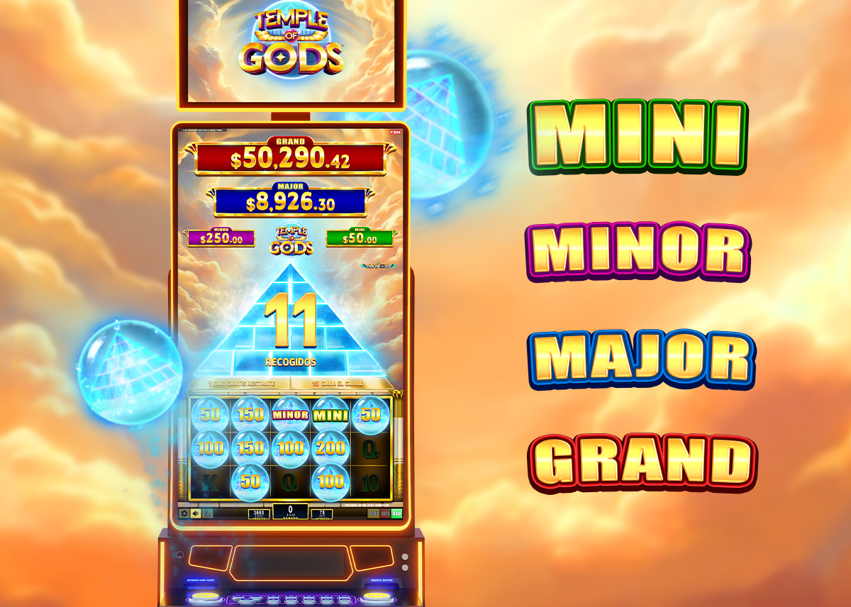Función Link de Temple of Gods mostrando el gran jackpot — Mini, Minor, Major y Grand.