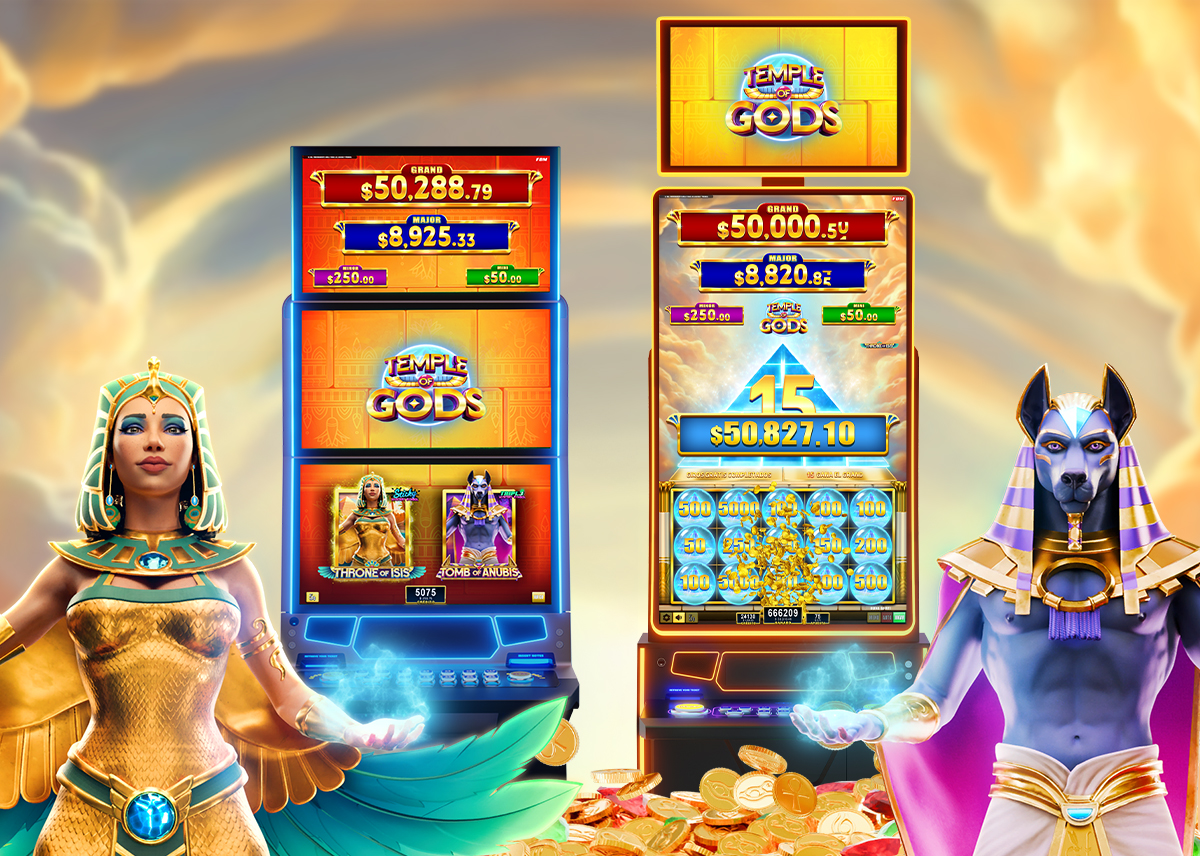 Cabinas de casino Auria y Galaxy II mostrando la colección Temple of Gods™ de FBM.