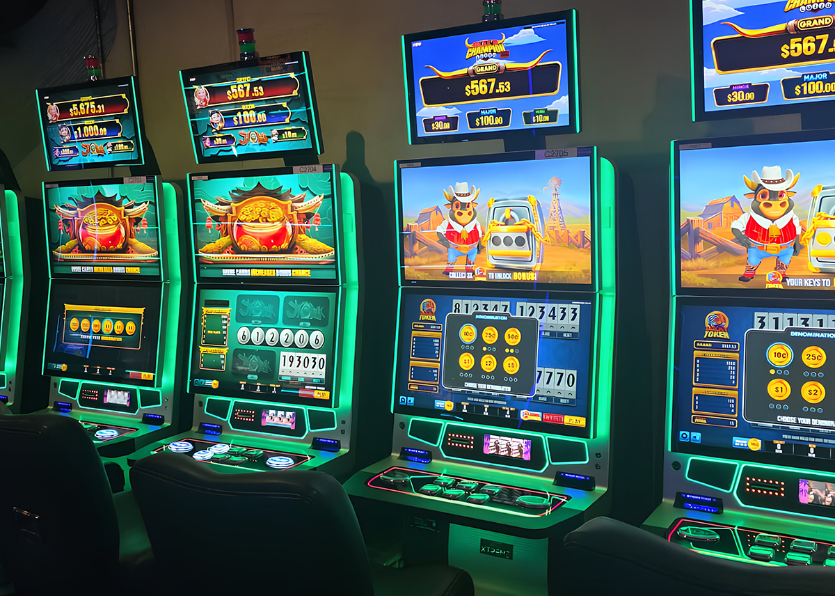 Ji Hǎo Link™ Lotto and Bull’s Champion Lotto™ gaming machines by FBM operating on Galaxy II cabinets at Hialeah Park Casino in Miami, showcasing progressive jackpot lotto gameplay for the U.S. casino market.