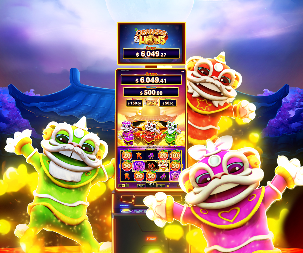 Gameplay of Oranges & Lions in FBM’s casino cabinet Auria, demonstrating the Fruity, Juicy and Zesty lions game features.