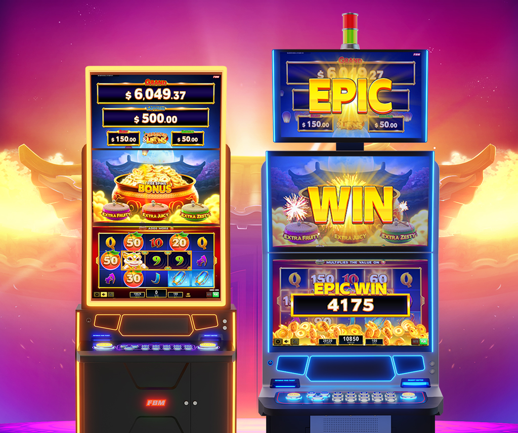 Two FBM casino cabinets showcasing two Oranges & Lions game moments.