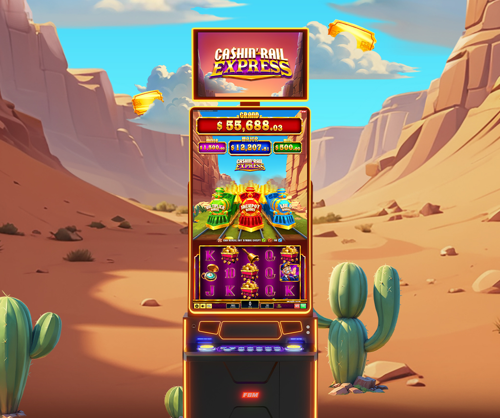 Gameplay of Cashin’ Rail Express showing three trains being fed by whistle symbols and progressing toward bonus features